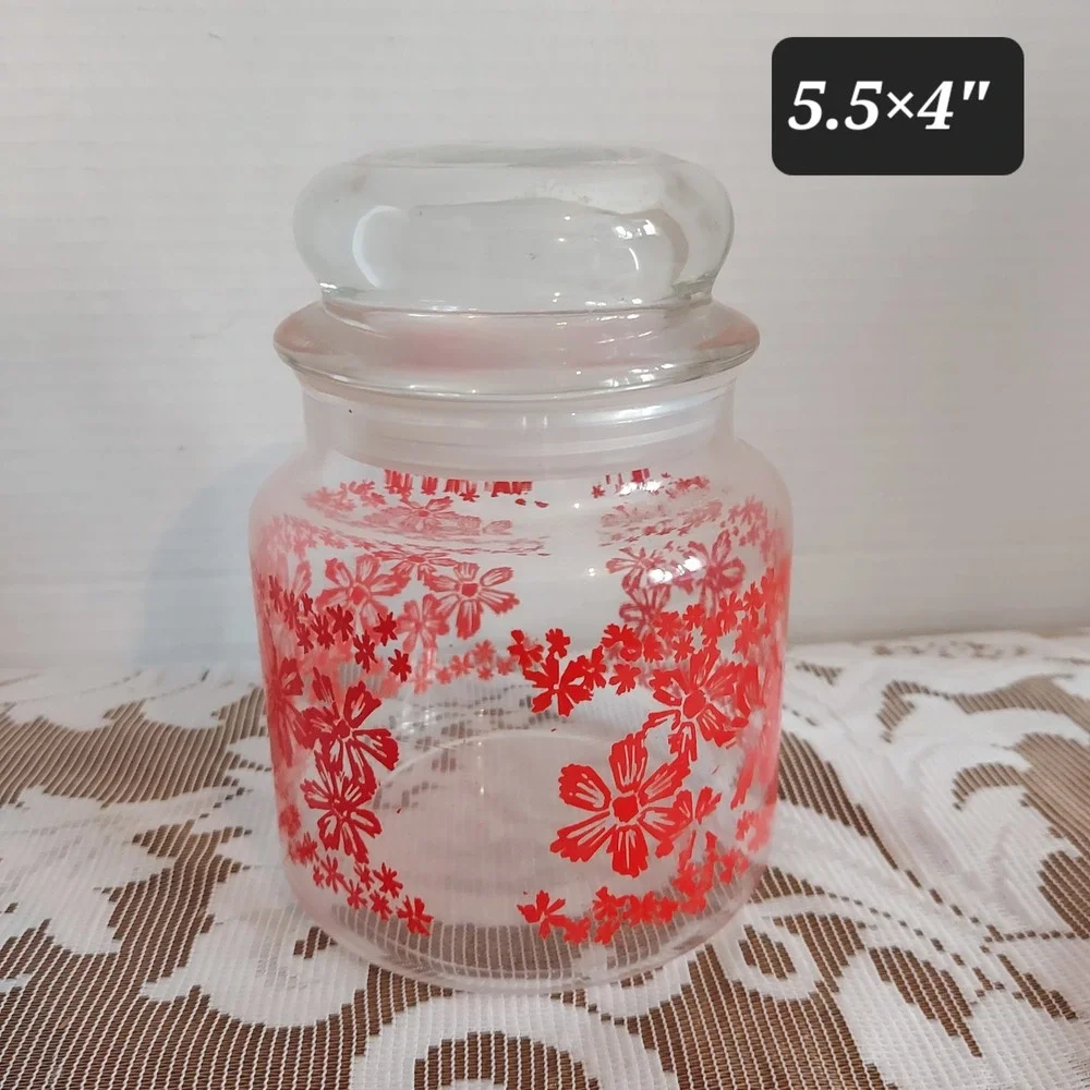 Vintage Red Daisy Floral Clear Glass Apothecary Jar Storage Canister with Lid